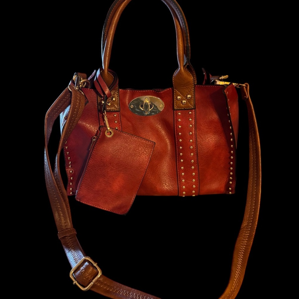 Women’s Red and Brown Leather Satchel with studs. 3 piece set. Vegan leather EUC